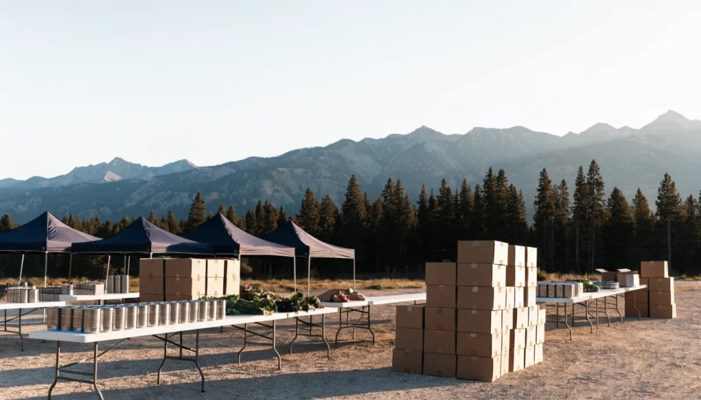 Outdoor food distribution tables with canned goods and tents against Montana mountains