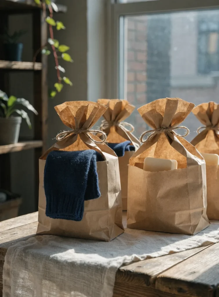 Brown paper care packages with socks and soap on a wooden table