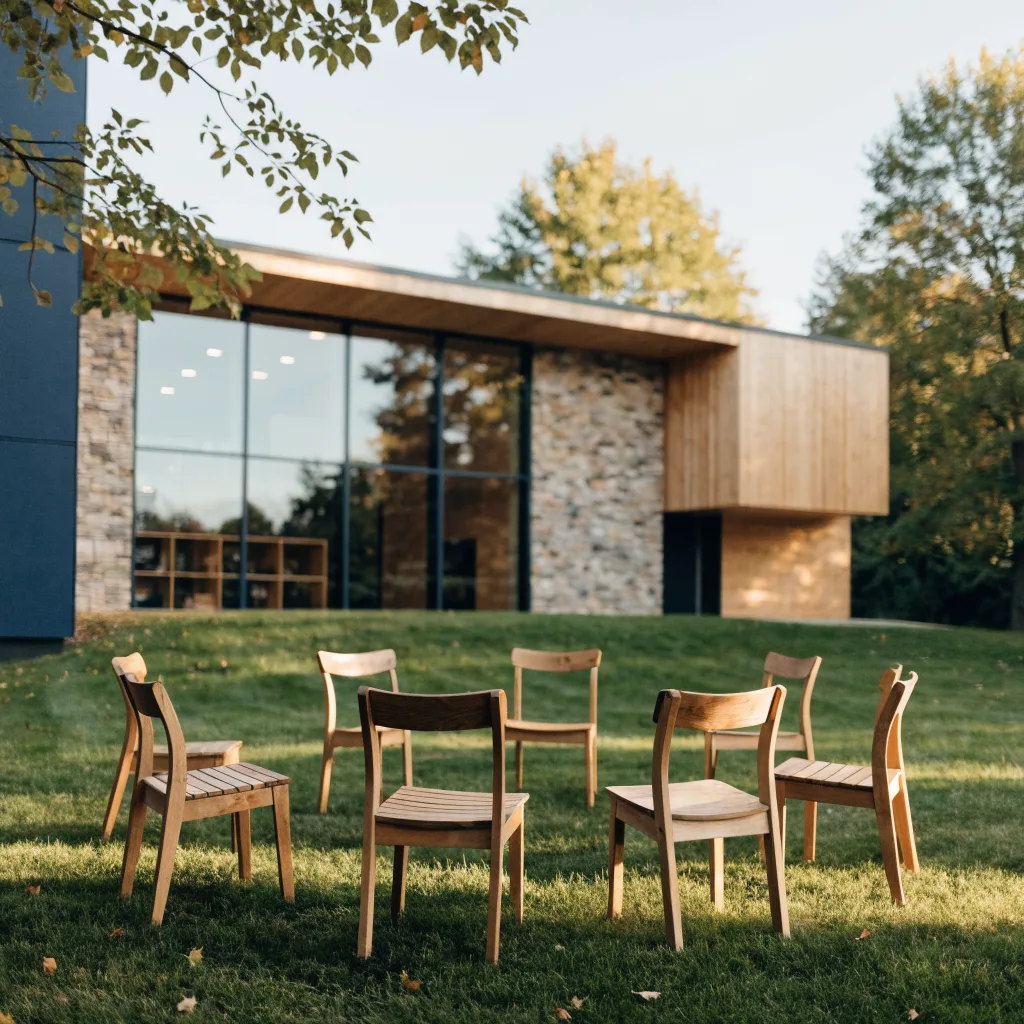 Empty circle of wooden chairs on a lawn outside a community building