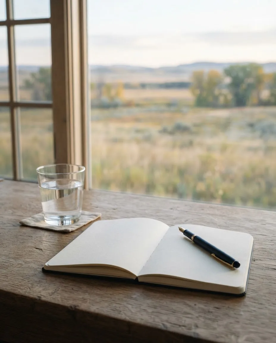 Open notebook and fountain pen on a wooden desk by a Montana window