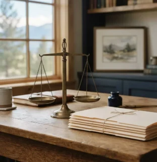 Brass balance scale and folders on a desk at Helland Insurance