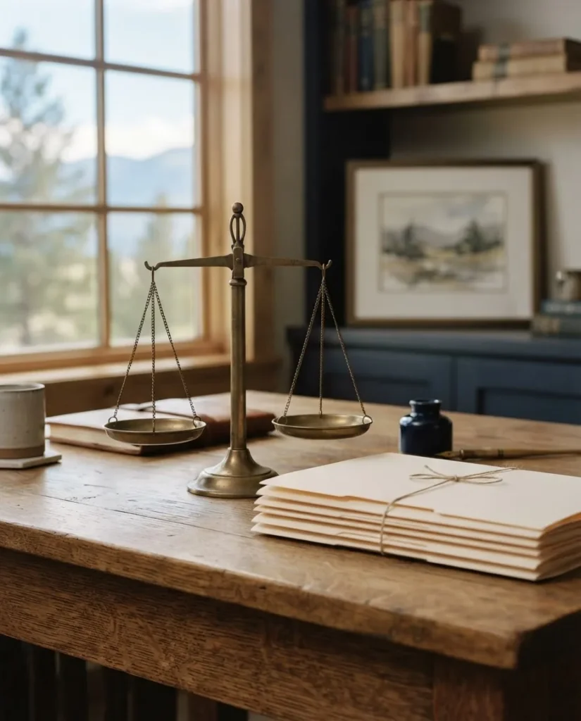 Brass balance scale and folders on a desk at Helland Insurance