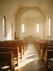 Empty Montana church sanctuary with wooden pews and window light