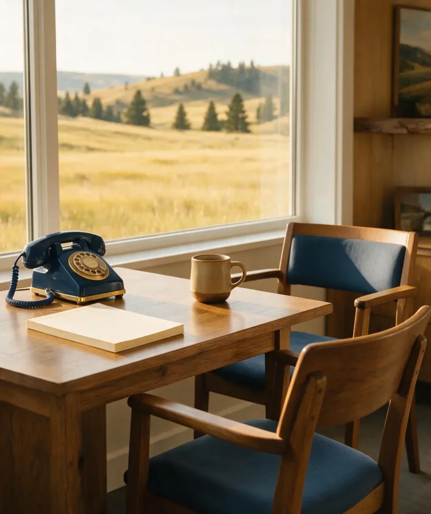 Navy phone and empty chairs at a table ready for a coverage conversation
