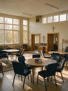 Church fellowship hall with tables set for a congregation gathering