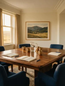 Board meeting table with notebooks for a nonprofit insurance review